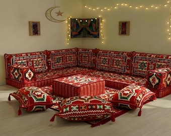 Red Eid Majlis Floor Sofa Set, Premium Arabic Living Room Seating, Moroccan Floor Couch with Cushions