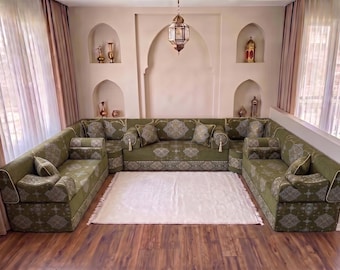 Green Arabic Sectional Sofa Set, Arabic Jalsa, Traditional Living Room Sofa, Majlis Seating
