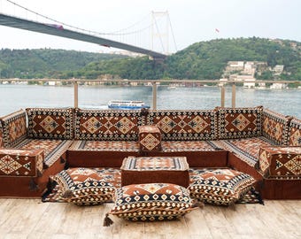 Handmade Brown Arabic Majlis Floor Sofa Seating: Boho Style