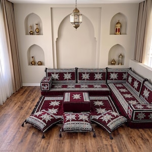 Maroon L Shaped Floor Couch, Custom Size Floor Sofa, Traditional Arabic Jalsa, Ottoman Floor Seating