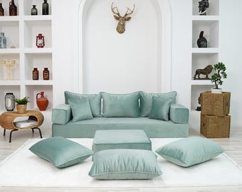 Custom L-Shaped Water Green Velvet Floor Sofa: Modular Moroccan Seating