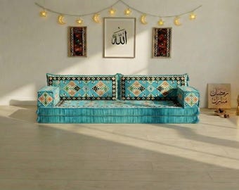 Bankstel Turquoise kelimvloer, traditionele Arabische Majlis-stoelen met poef, Arabische woonkamerstoelen, Eid-huisdecoratie