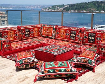 Arabic Majlis Floor Seating Set: Kilim Cushions, Ottoman, and Rug