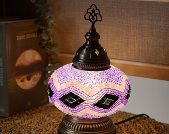 Lilac Mosaic Lamp for Living Room, Souvenir Lamp, Night Light, Glass Lamp, Housewarming Gift, Handmade Glass Lamp, Colorful Mosaic Lamp