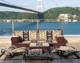 Brown Arabic Floor Cushions Set, Bohemian Floor Sofa, Ottoman Couch