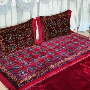 Maroon Handmade Afghan Toshak, Arabic Floor Seating with Backrest Pillows and Bolsters
