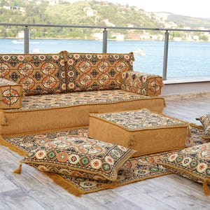 U Shaped Floor Cushion, Kilim Pattern Pillow, Sectional Floor Sofa, Ottoman Floor Sofa Seating Set, Moroccan Couch, Boho Floor Sofa Set