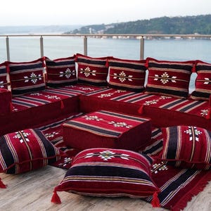 Maroon Kilim Design Arabic Floor Sofa Set, Custom Bohemian Living Room Seating