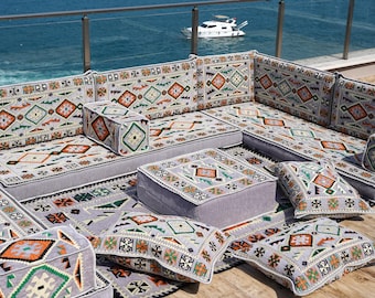 Handmade Arabic Floor Seating Set: Bohemian Majlis Sofa with Kilim Pillows