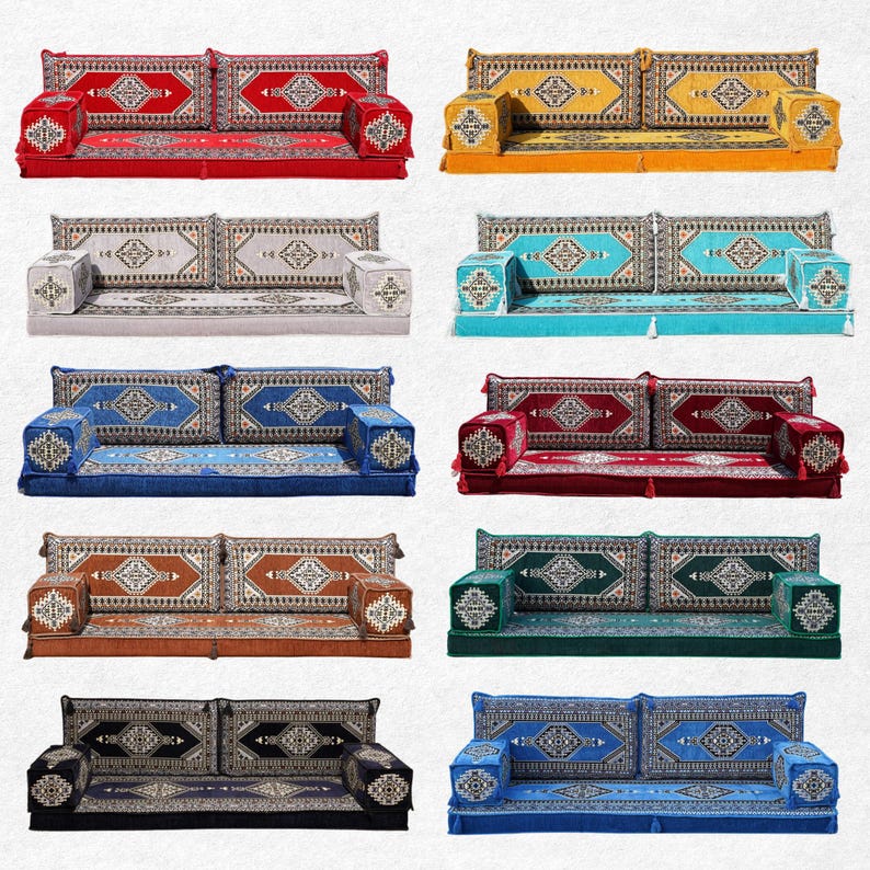 Moroccan Floor Seating Set with Kilim-Inspired Fabric and Foam Cushions