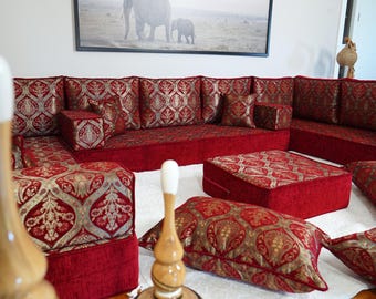 Maroon Arabic Floor Sofa Set: U-Shaped Boho Seating