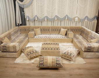 Sofa met kelimpatroon, traditionele vloerkussens, woonkamerbank in boho-stijl, Arabische Majlis-zitset, palletkussens
