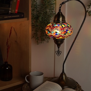 Turkish Handmade Mosaic Lamp, Stained Glass Table Lamp Bedside, Tiffany Style Mosaic Glass Lamps, Portable Bedside Lamps, Led Bulb Included ColorWheel