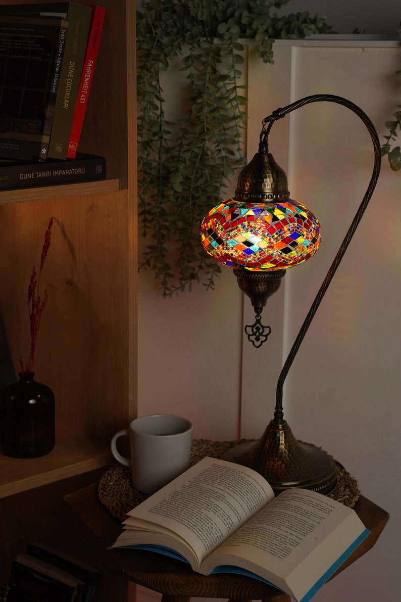 Turkish Handmade Mosaic Lamp, Stained Glass Table Lamp Bedside, Tiffany Style Mosaic Glass Lamps, Portable Bedside Lamps, Led Bulb Included ColorWheel