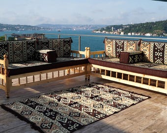 Traditional Brown Bench Cushions Set | Moroccan Style Sofa with Backrest Pillows | Arabic Majlis for Living Room