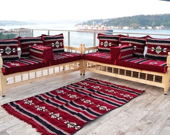 Burgundy Sectional Floor Cushions | Arabic Jalsa Sofa | Kilim Pattern Pillows | Floor Seating Cushion | Handmade Arabic Majlis Set