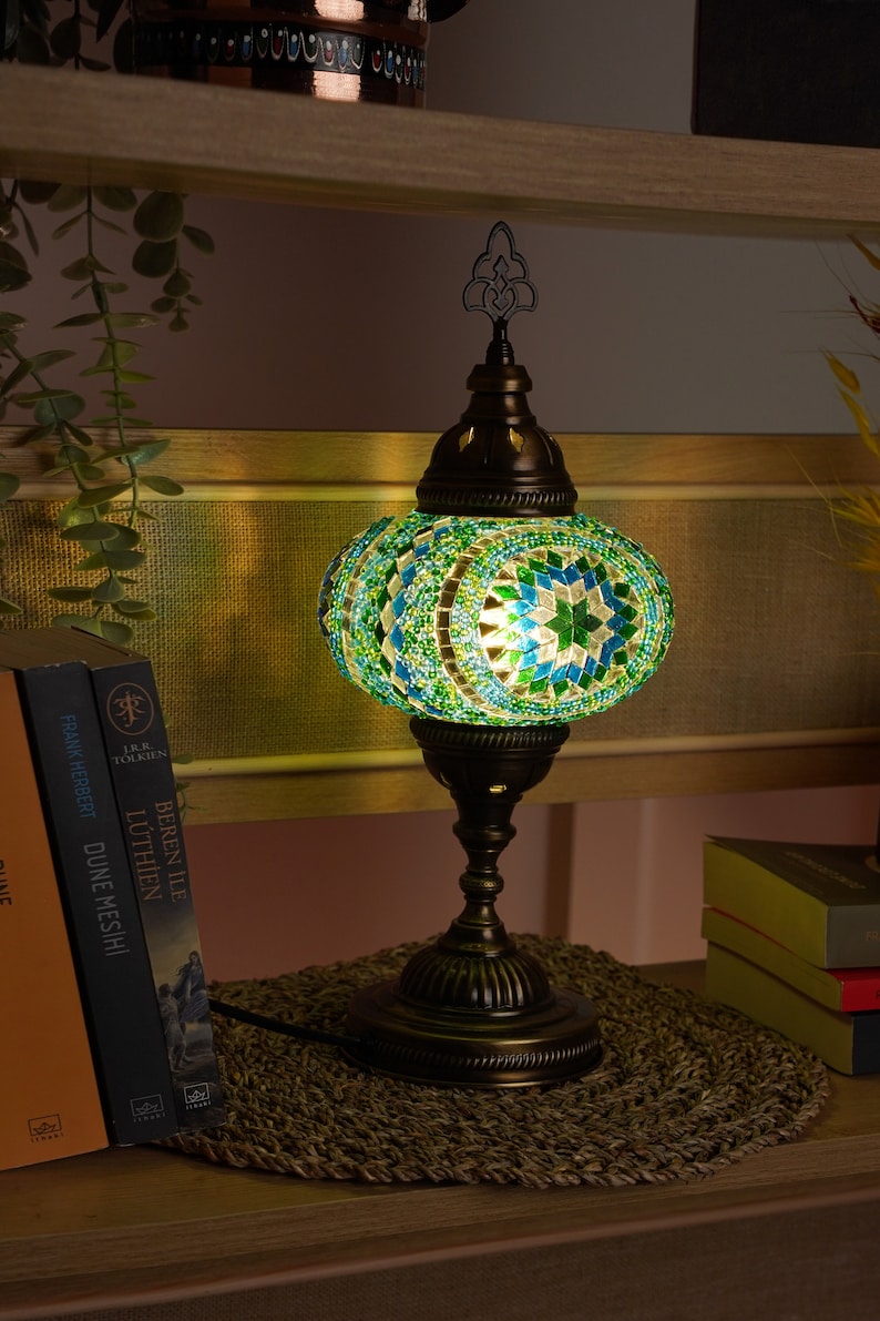 Lámparas de vidrio vintage, Lámparas de piso de mosaico tradicionales, Luz nocturna, Lámparas de recuerdo, Lámpara Tiffany, Lámpara de mosaico turco, Lámparas de mesita de noche Mandala Dark Green