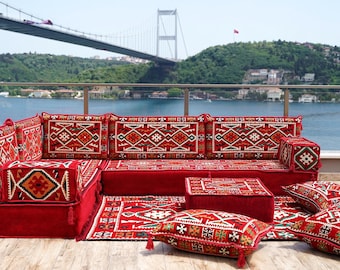 Red Arabic Floor Seating Sofa Set: Bohemian Majlis Couch with Ottoman