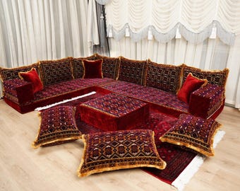Burgundy Velvet Arabic Majlis Seating Set, Custom U-Shaped Floor Sofa