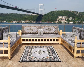Handgemaakte Arabische U-vormige bankkussenset | Koningsblauwe Majlis-vloerbank | Boho-buitenlounge