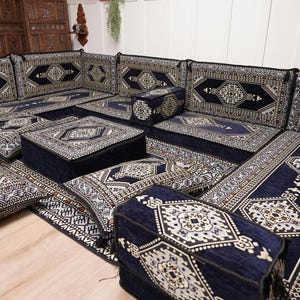 Arabic Floor Sofa Seating Set | U Shaped Floor Cushion Seating | Navy Blue Handmade Arabic Majlis | Ottoman Floor Seating | Boho Style Couch