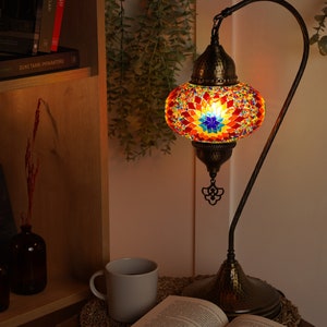 Turkish Handmade Mosaic Lamp, Stained Glass Table Lamp Bedside, Tiffany Style Mosaic Glass Lamps, Portable Bedside Lamps, Led Bulb Included Big Flower