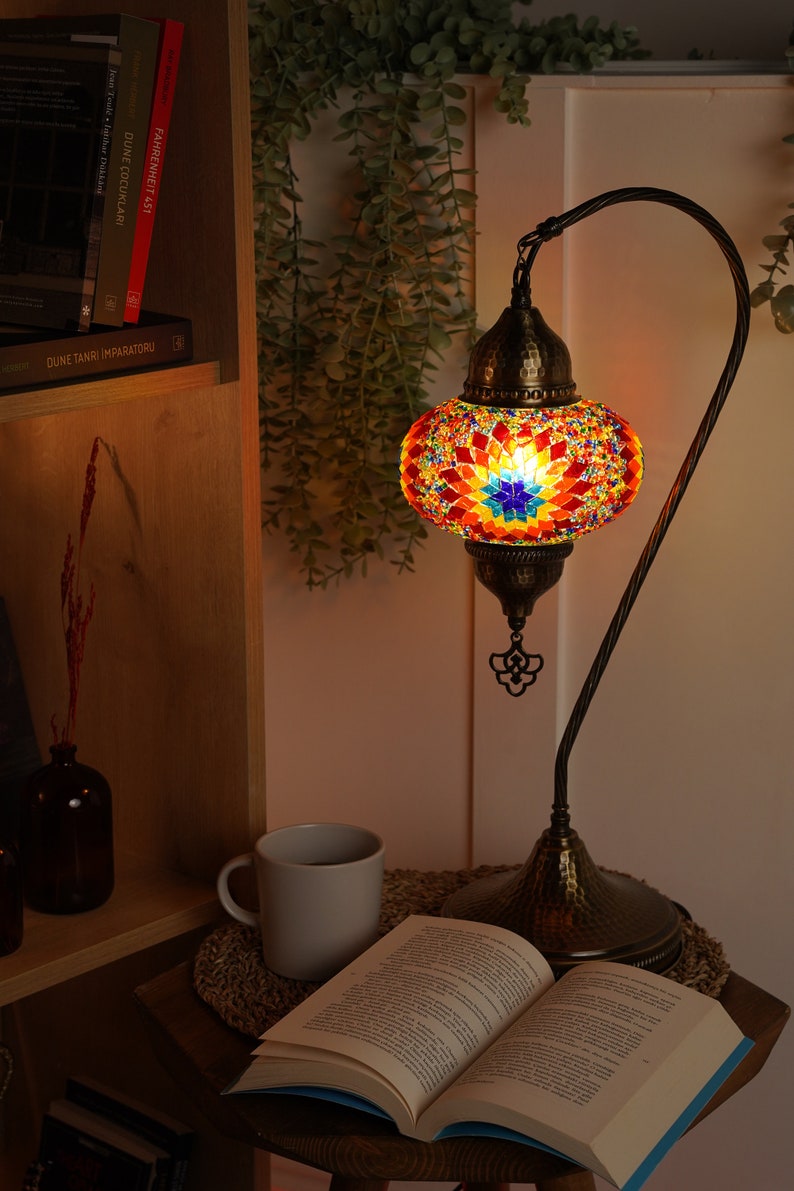 Turkish Handmade Mosaic Lamp, Stained Glass Table Lamp Bedside, Tiffany Style Mosaic Glass Lamps, Portable Bedside Lamps, Led Bulb Included Big Flower