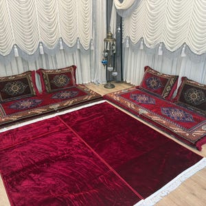Maroon Arabic Floor Seating with Backrest Pillows and Bolsters, Handmade Afghan Toshak