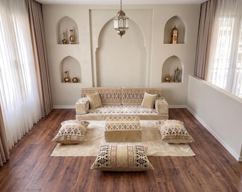 Arabisch Samt Boden Sitzset, Beige Kelim Muster Sofa, Türkischer Teppich Stil Majlis Couch, Traditionelle Bodenkissen