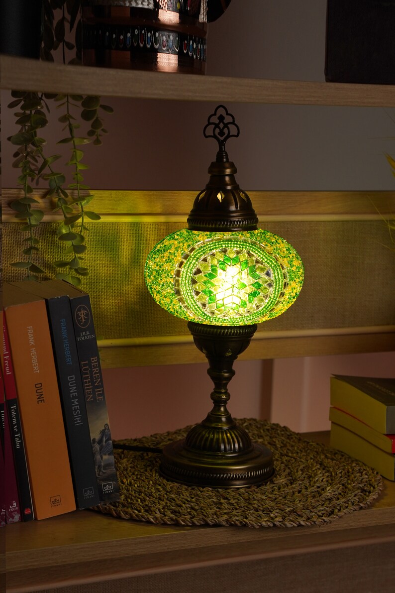 Lámparas de vidrio vintage, Lámparas de piso de mosaico tradicionales, Luz nocturna, Lámparas de recuerdo, Lámpara Tiffany, Lámpara de mosaico turco, Lámparas de mesita de noche Mandala Green