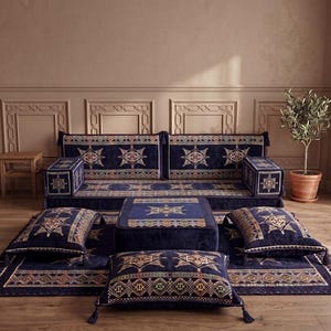 L Shape Floor Seating, Corner Floor Sofa, Navy Blue Traditional Arabic Majlis, Sectional Floor Cushion, Authentic Oriental Couch