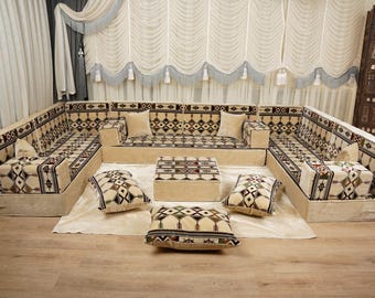 U Shaped Handmade Arabic Floor Seating Set: Velvet Kilim Cushions, Ottoman, and Rug