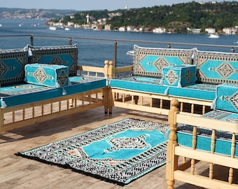 Handgemaakte Arabische vloerbank | Turquoise houten bankkussens | Traditionele sectionele vloerbank | L-vormige hoekbank in bohostijl