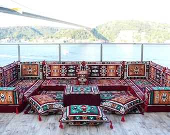 Arabic Majlis Floor Sofa Set: Kilim Cushions, Ottoman & Rug