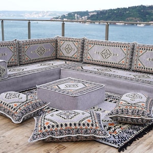 Gray Kilim Floor Sofa Set, L Shaped  Arabic Style Sofa Seating