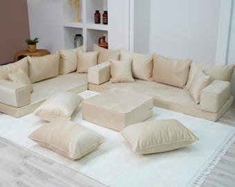 Beige Velvet Floor Couch Set, Boho Velvet Floor Cushion Set: Minimalist Modular Seating