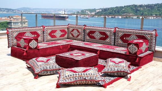 Maroon Traditional Floor Sofa Set: Arabic Majlis Seating, Kilim Cushions for Living Room