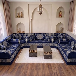 16" Thick Navy Blue Modular Majlis Seating, Ottoman Couch, Arabic Sectional Sofa Set, Traditional Living Room Seating
