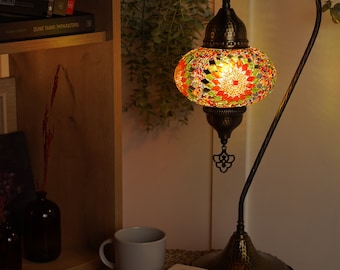 Flame Turkish Moroccan Lamp, Souvenir Lamp, Turkish Mosaic Table Lamp, Handmade Swan Neck Night Lamp, Mosaic Glass Bedside Lamp & Led Bulb