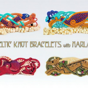 May include: Four Celtic knot bracelets with intricate designs. The bracelets are made of wood and decorated with colourful beads. The bracelets are displayed on a white background.  "Celtic Knot Bracelets with Harlan"
