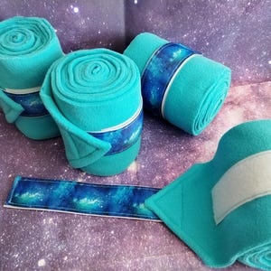 4x Horse leg polo wraps - Blue with galaxy ribbon