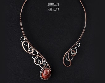 Copper and German silver Necklace with jasper Wire wrapped necklace with red jasper Unique necklace gift for woman Open necklace for her