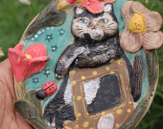 Handmade Ceramic Cat Wall Decor: Floral Whimsical Art