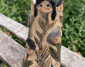 Handmade Ceramic Bud Vase: Whimsical Illustrated Faces, FLOWERHEADS Collection
