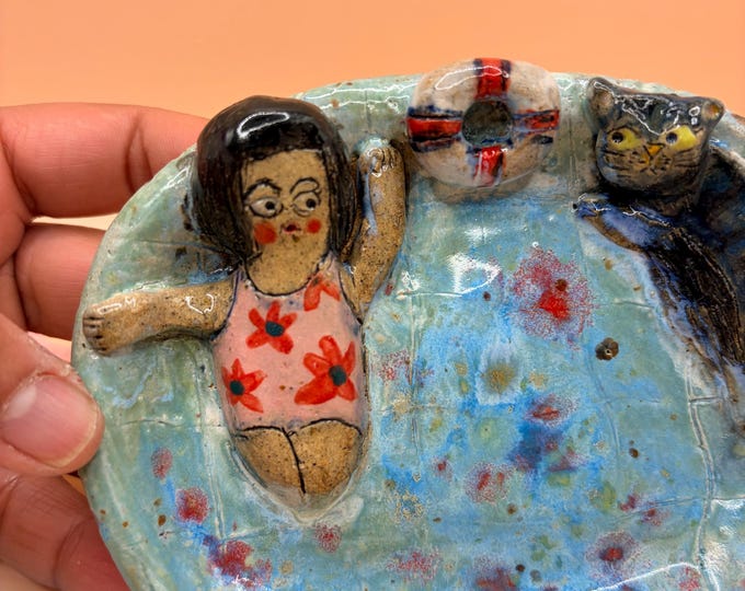 Handmade Ceramic Soap Dish: swimming with black cat pool Artisan Gifts