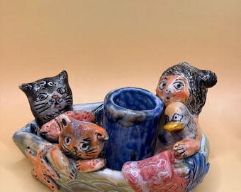 Ceramic Boat Candle Holder: Mermaid Cats Duck Fish Starfish - Eclectic Decor