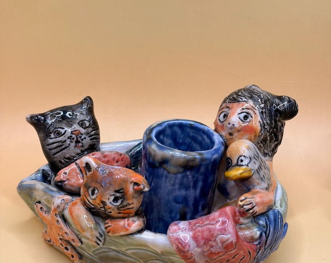 Ceramic Boat Candle Holder: Mermaid Cats Duck Fish Starfish - Eclectic Decor