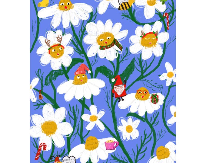 Whimsical Santa Daisy & Bee Christmas Card Postcard size – Cute Holiday Greeting card