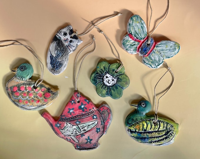 Ceramic Christmas Ornaments: Duck, Cat, Teapot, Floral Home Decor