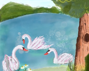 Swans Art Postcard: Whimsical Nature Greeting Card